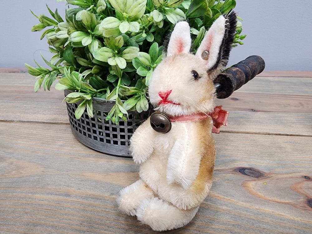 Vintage Steiff Mohair Bunny Rabbit Bell Glass Eyes Button in Ear Germany Plush